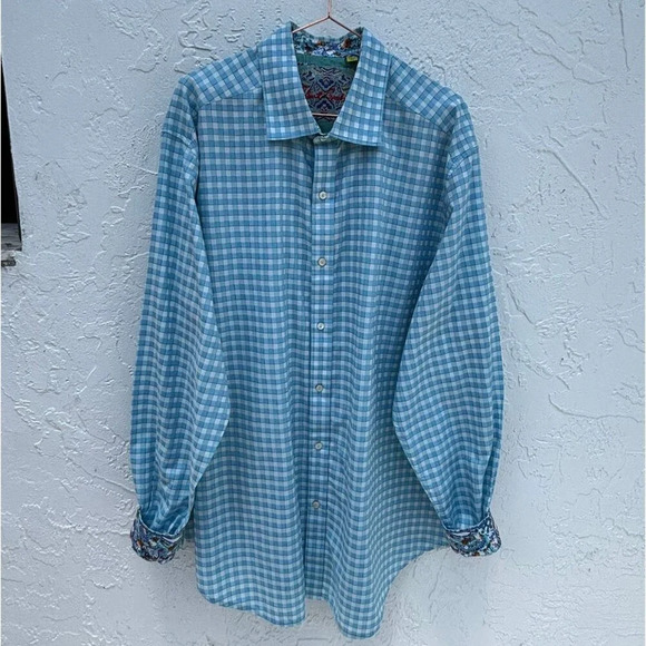 Robert Graham Mens Box Pattern Long Sleeve Polo Blue White Size 2XL - Picture 10 of 10